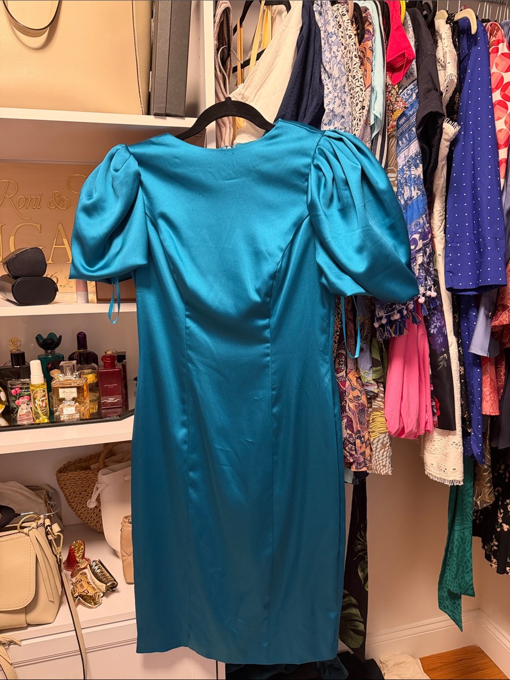Mac Duggal Teal Satin Puff-Sleeve Midi Dress